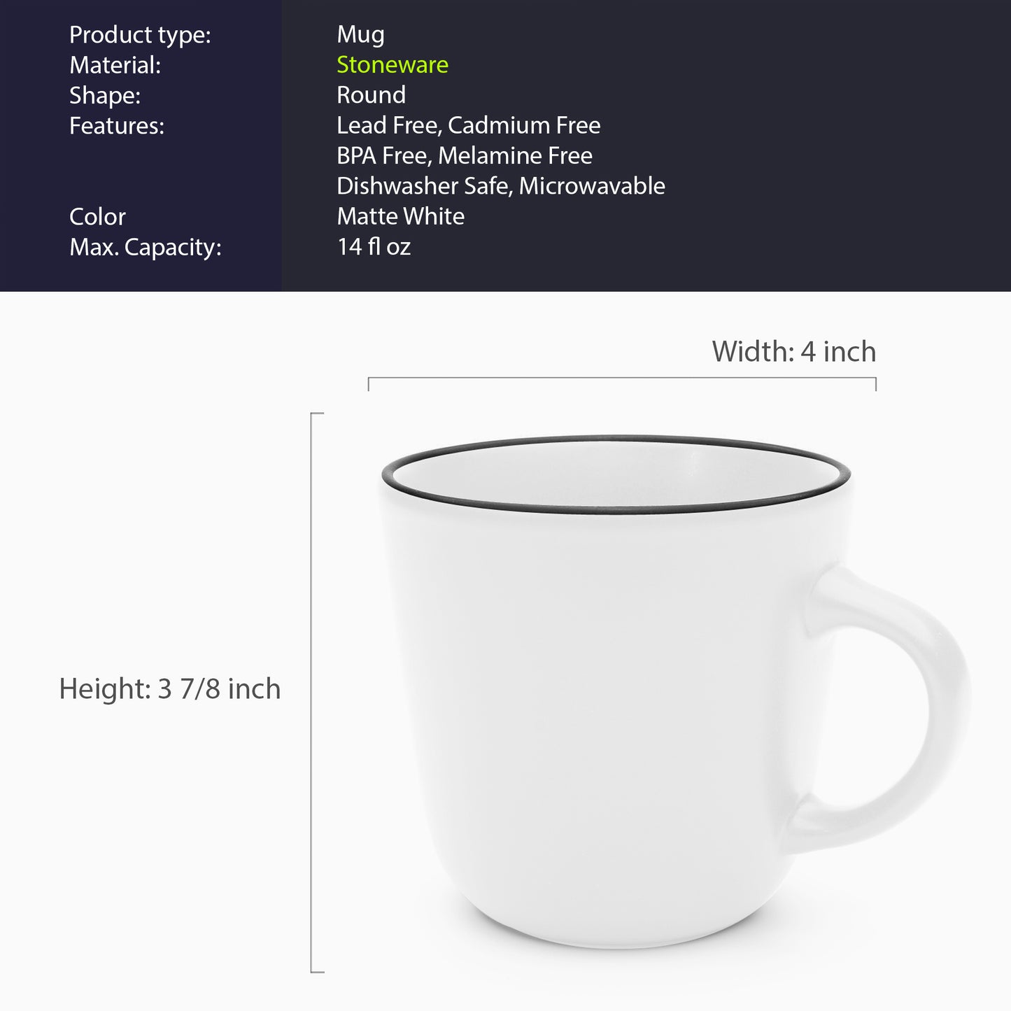 903 Collection Mugs Set Of 4 - Matte Snow White with Black Rim