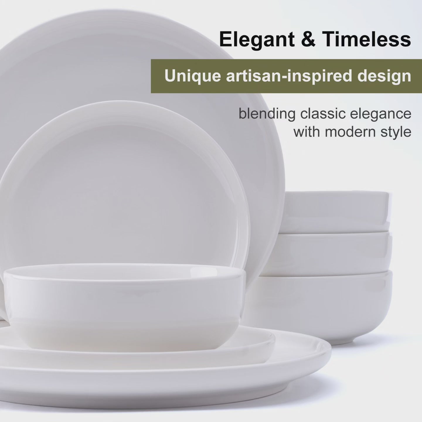 903 Essentials Collection Porcelain 12-Piece Dinnerware Set - High Gloss White |No more Scratches and Utensil Marks|