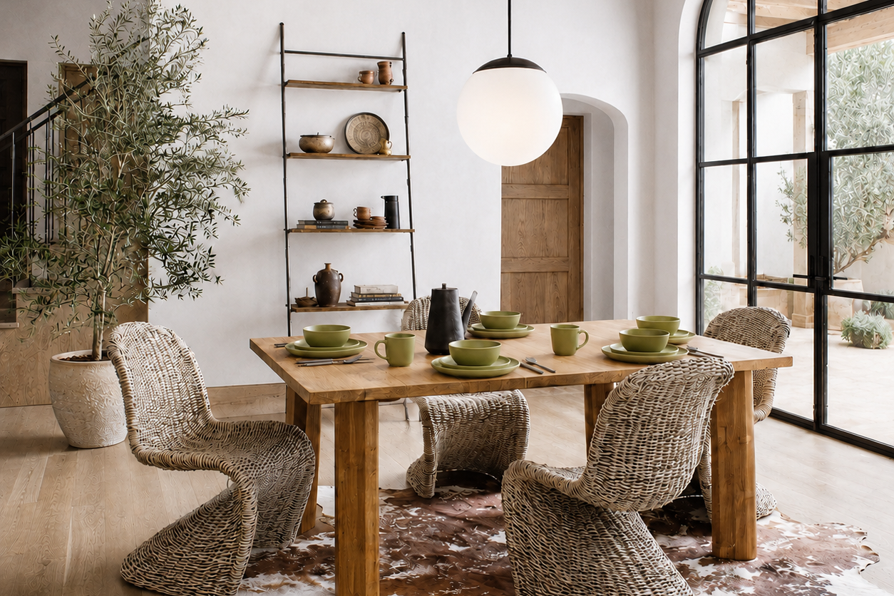 A rustic wooden dining table surrounded by woven wicker chairs in a bright, modern dining room with a cowhide rug, black-framed arched window, and a spherical pendant light.